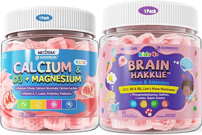 Kids Calcium Gummies + D3 &amp Magnesium +Kids Brain Gummies with Lion's Mane Mushroom Methyl B6 B9 B12 Supper Green