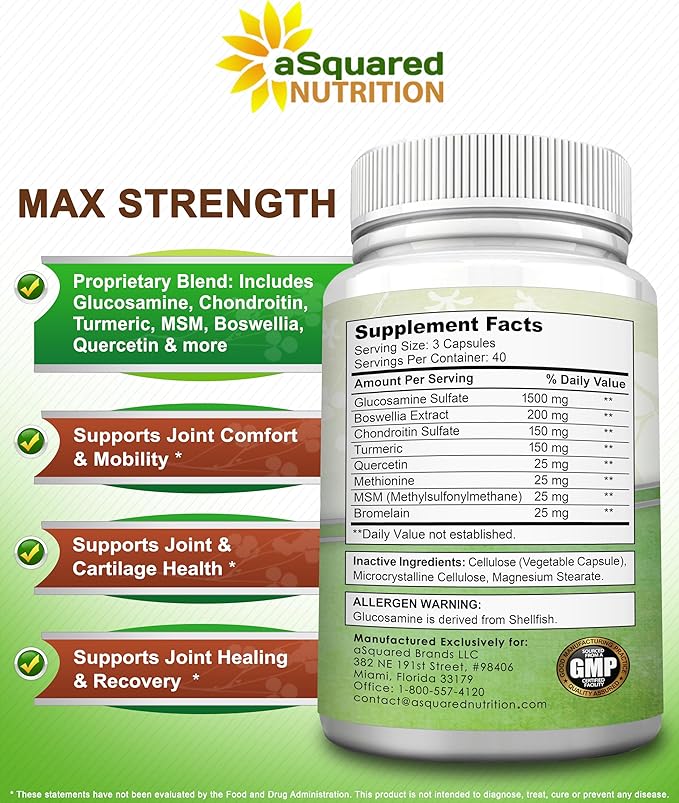 aSquared Nutrition Glucosamine Chondroitin Turmeric MSM Boswellia - 120 Capsules - Joint Support Supplement - Joint Support Relief Pills for Health - Natural Supplement for Back Knee &amp Hands