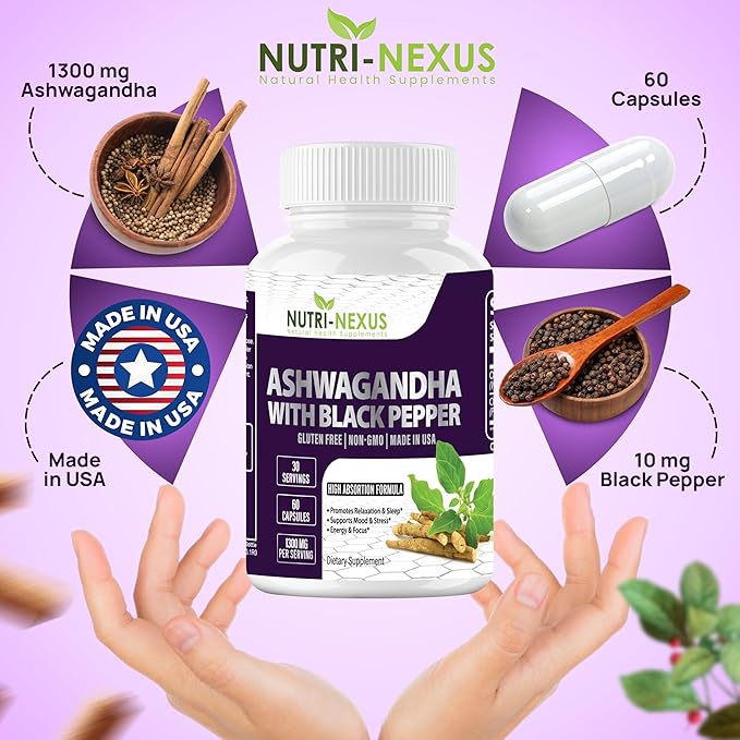 Ashwagandha with Black Pepper – 1300mg Organic Root Extract | Sleep Aid Cortisol &amp Hormone Support for Women &amp Men | Vegan Non-GMO Gluten-Free | 60 Capsules – Made in USA