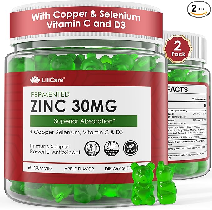 Fermented Zinc Gummies 30mg Copper Selenium Vitamin C D3 Superior Absorption Zinc Supplements for Women &amp Men Immune Powerful Antioxidant Zinc Picolinate Alternaitive Vegan No Sugar 2 P