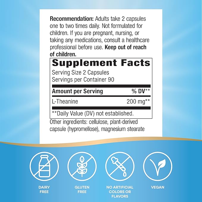 Nature's Way L-Theanine Stress Support* Promotes Relaxation* 200 mg per 2-Capsule Serving Vegan 180 Capsules (Packaging May Vary)