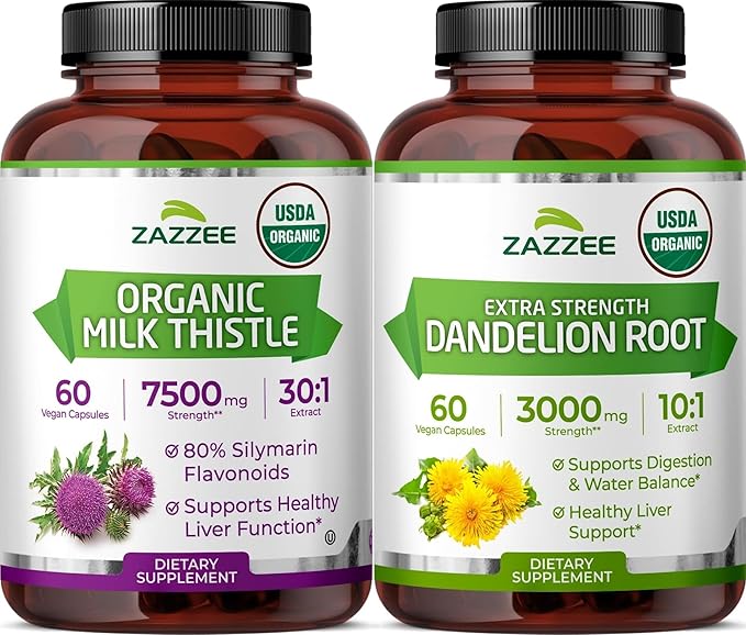 Zazzee USDA Organic Milk Thistle and Dandelion Root Supplement | 10:1 Organic Dandelion Root Extract Plus 30:1 Milk Thistle Extract | Liver Cleanse Detox Bundle (60 Servings Each)