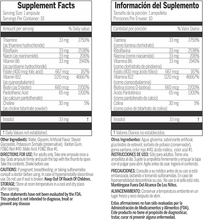 50000 - Vitamin B Complex Liquid Supplement Immune Support Non-GMO 10 Ampoules (3.4 fl oz / 100 ml)