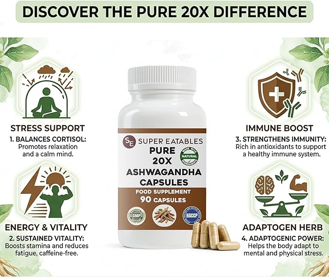 Ashwagandha 450mg – 90 Vegan Capsules (45-Day Supply) – High-Strength 20:1 Withania Somnifera Root Extract Adaptogenic Herb Non-GMO Additive-Free Easy to Swallow