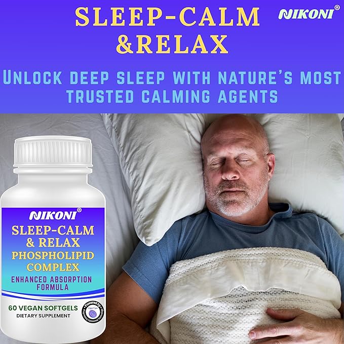 Nikoni Sleep‑Calm‑Relax – Phospholipid Complex with Melatonin L‑Theanine 5‑HTP &amp Herbal Extracts-60 Vegan Softgels
