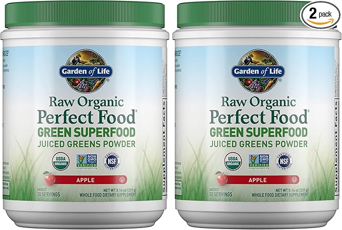 Garden of Life Raw Organic Perfect Food Green Superfood Juiced Greens Powder - Apple Flavor30 Servings - Vegan Gluten Free Whole Food Dietary SupplementGreens Plus Probiotics &amp Enzymes(Pack of