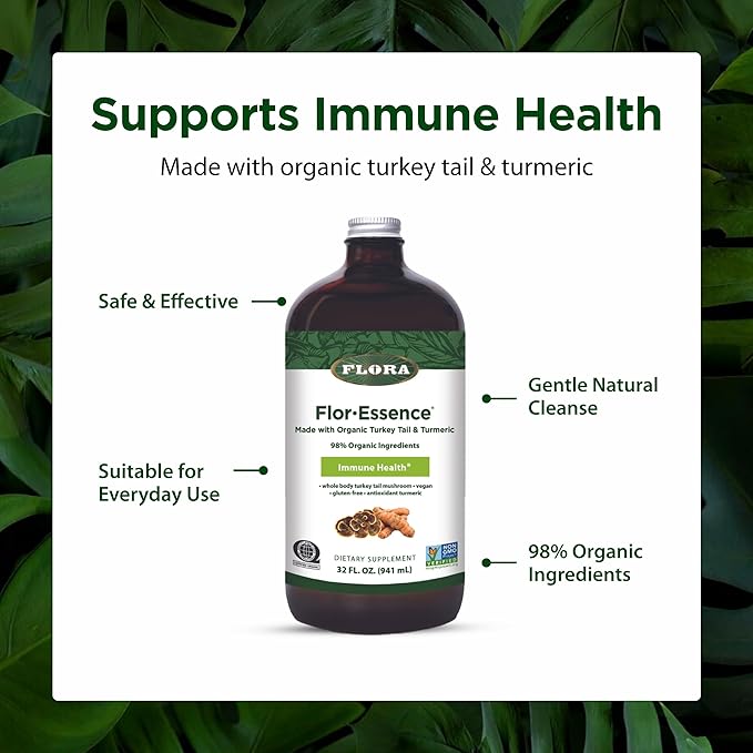 Flora Health Flor-Essence with Turkey Tail &amp Turmeric Rich in Polysaccharides 35+ Phenolic Compounds with Antioxidants and Immunity Support 32-fl. oz. Glass Bottle