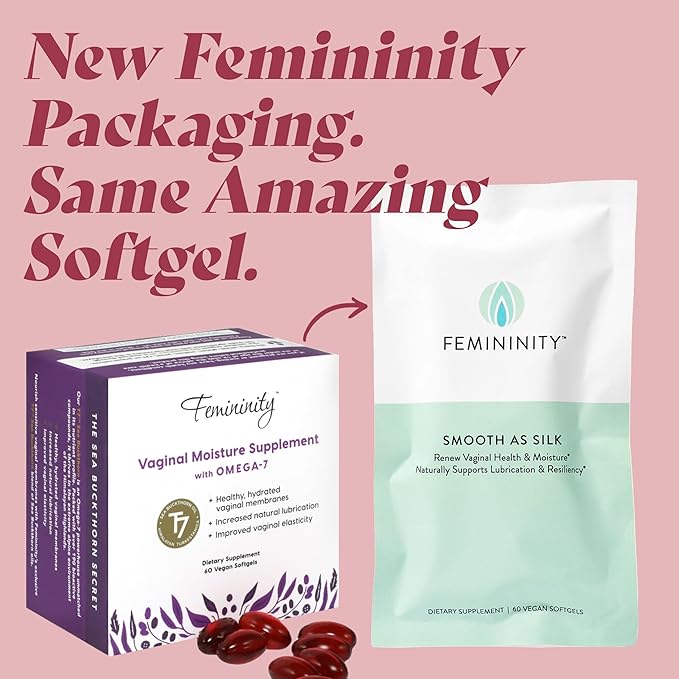 Femininity Smooth as Silk 30-Day Refill for Vaginal Dryness (60 Softgels) – Sea Buckthorn Oil with 365mg Omega 7 + Omega 3 and Omega 9