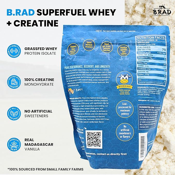 B.rad Superfuel - Grass Fed Whey Protein Isolate Boosted with Creatine | Farm-Fresh Easy-to-Digest Clean Ingredients | 2 Pounds | 100% USA Sourced | Vanilla Bean