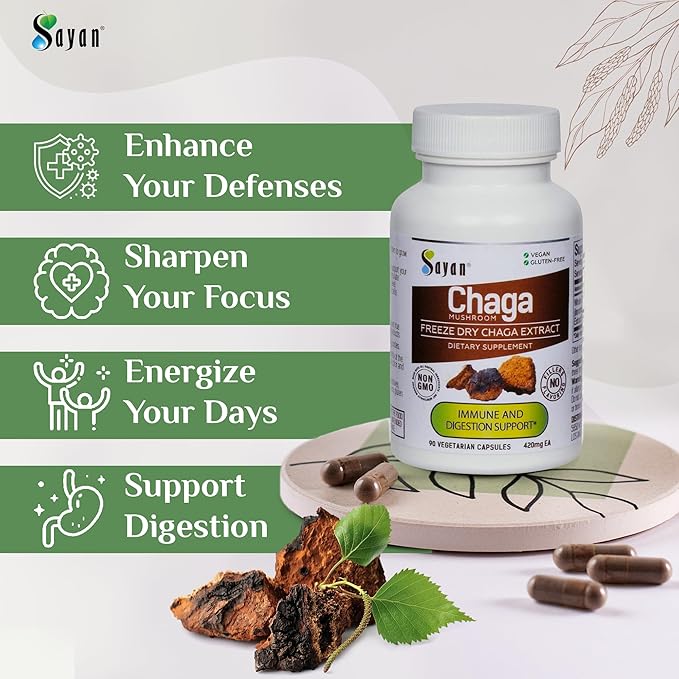 Sayan Siberian Chaga Mushroom Extract – 90 Capsules/420mg ea – Natural &amp Wild-Harvest Antioxidant Supplement – Immune System Support &amp Regulate Body Functions – Vegan Non-GMO No Fillers or A