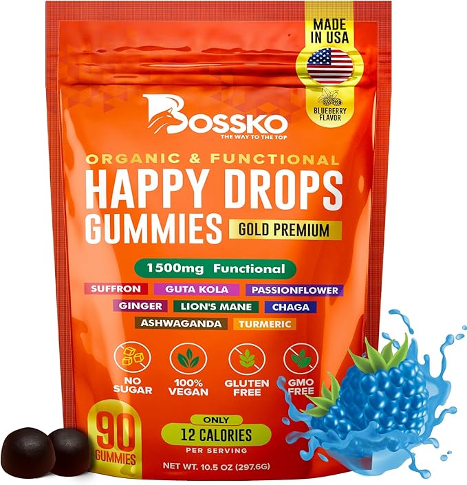 Happy Drops – Daily Superfood Gummies for Mood Support Focus and Energy – Sugar-Free Vegan Blueberry Flavor – 90 Gummies for Adults – Daily Support for Mood Focus and Natural Energy