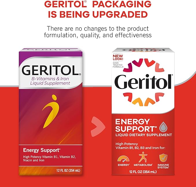 Geritol Liquid Vitamin and Iron Supplement Energy Support Contains High Potency B-Vitamins and Iron Pleasant Tasting Easy to Swallow No Artificial Sweeteners Non-GMO 12 Oz 2 Pack