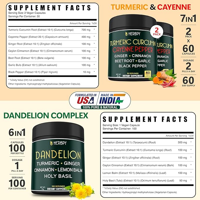 Bundle 7in1 Turmeric Curcumin &amp 6in1 Dandelion Supplement - Support Heart Digestion Health and Immune System