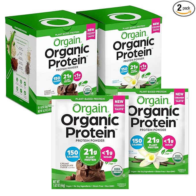 Orgain Organic Vegan Protein Powder Travel Packs - Vanilla Bean and Chocolate Fudge (10 Packets Each)