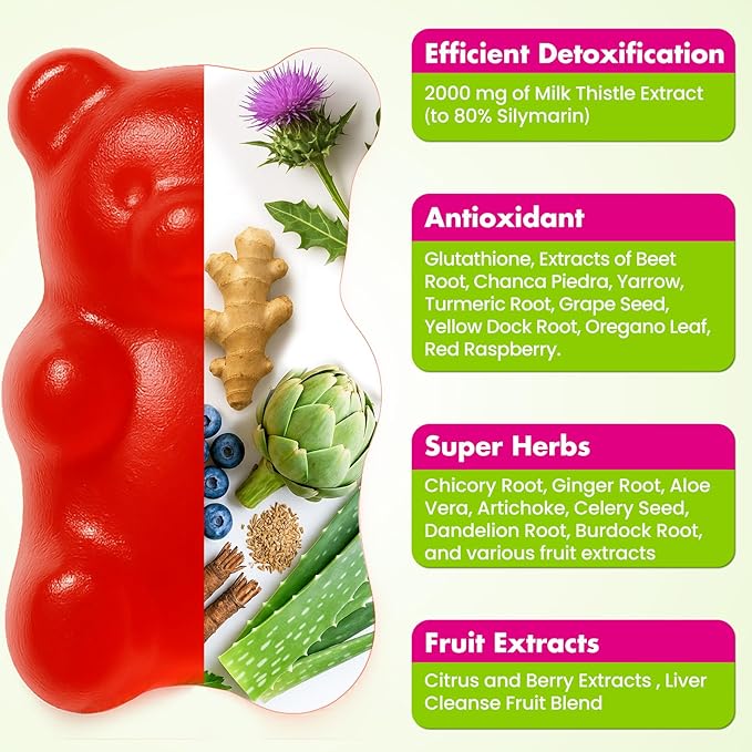 Liver Cleanse Detox &amp Repair Gummies 2000 mg Milk Thistle Supplement with Dandelion Root Glutathione &amp Artichoke 23-in-1 Herbal Formula for Liver Detox &amp Health Non-GMO Vegan 16 Pack