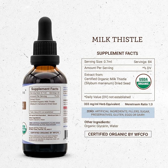 Secrets of the Tribe Milk Thistle USDA Organic | Alcohol-Free Extract High-Potency Herbal Drops | Made from 100% Certified Organic Milk Thistle (Silybum marianum) Dried Seed (2 oz)
