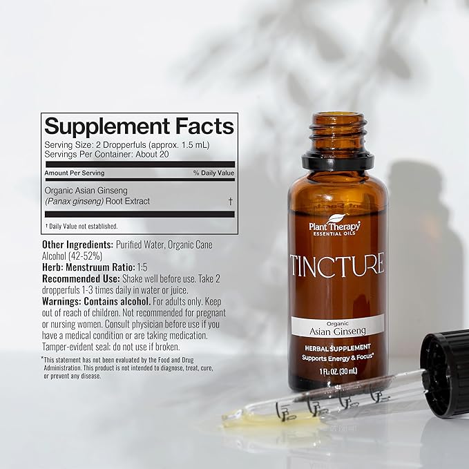Plant Therapy Organic Asian Ginseng Root Herbal Supplement Tincture 30 mL (1 oz) Great for Energy Encourages Mental Focus Vegan Non GMO Gluten Free Liquid 1 Bottle