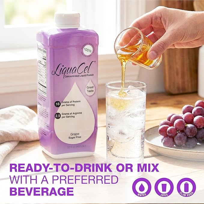 LiquaCel Concentrated Liquid Protein Grape Flavor Ready-to-Drink 16g Hydrolyzed Collagen Protein and 2.5g Arginine Per 1oz Serving Sugar &amp Gluten Free 32 fl oz Bottle