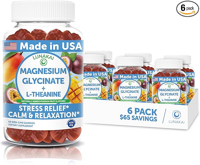 Lunakai USA Made Magnesium Glycinate Gummies with L-Theanine for Kids &amp Adults – 420mg Magnesium Supplement for Calm Sleep &amp Stress Support - 6 Pack