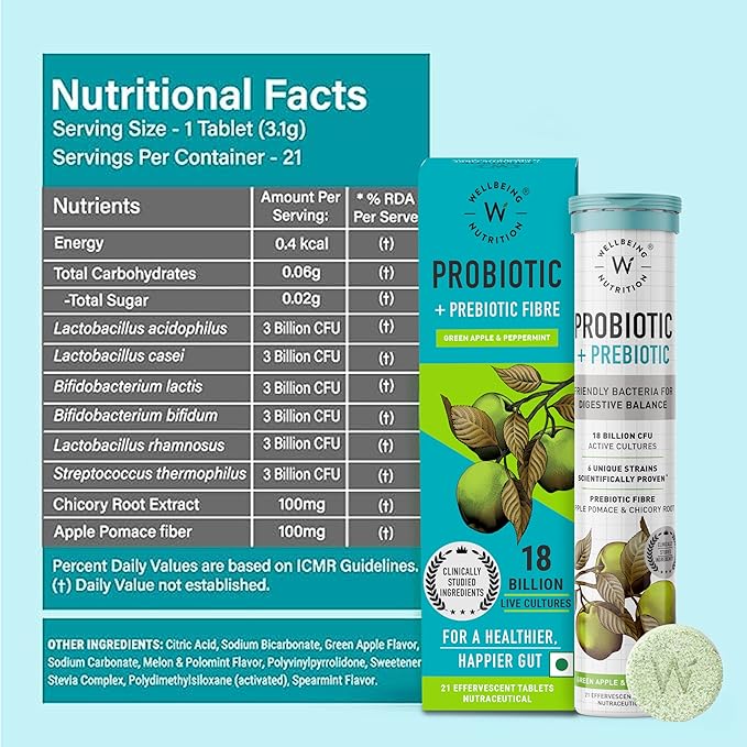 WELLBEING NUTRITION Daily Probiotic + Prebiotic| Plant Based |18 Billion CFU 6 Strains for Men &amp Women with Organic Prebiotic Fiber for Digestion Gut Health Metabolism | 42 Effervescent Tabs