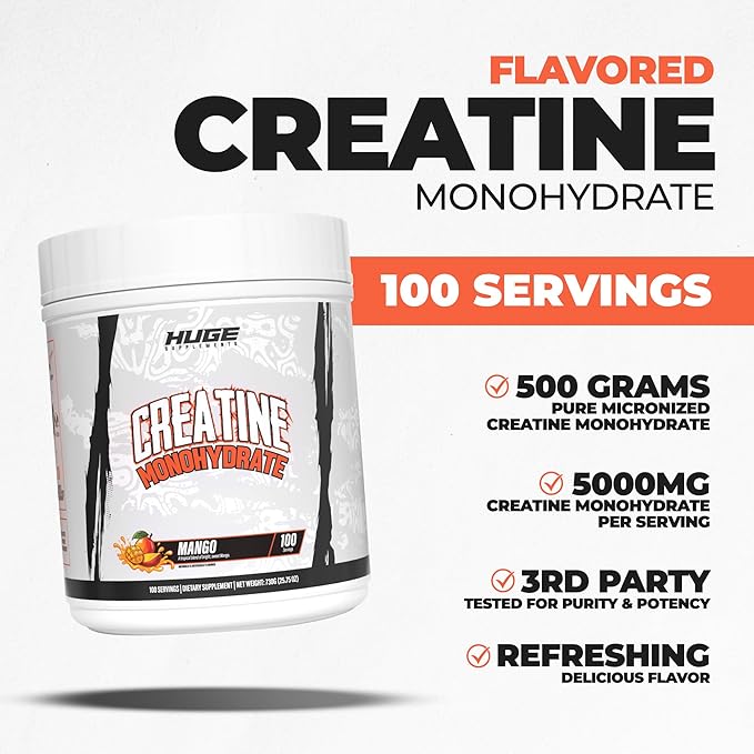Huge Supplements Flavored Creatine Monohydrate Powder - Mango Flavor 500 Grams Third Party Tested Micronized for Optimal Absorption 5 Grams Per Scoop Delicious &amp Easy Mixability (100 Servings