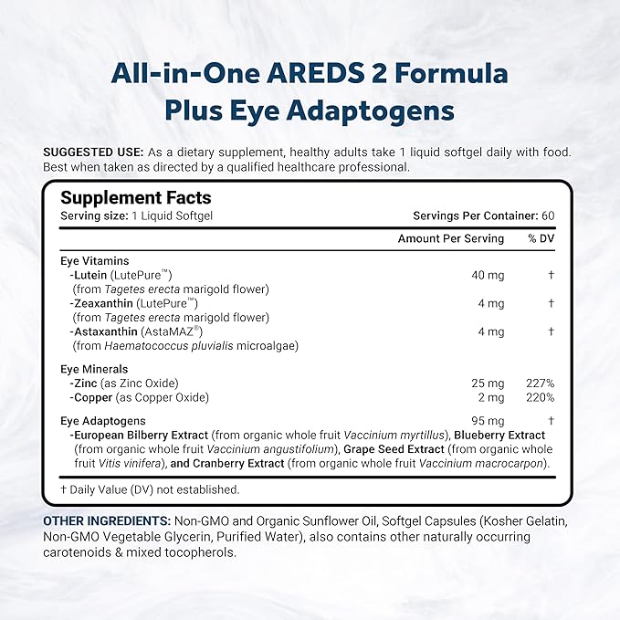 Naturalis Areds2 Clinically Based Eye Supplement | Lutein Zeaxanthin Astaxanthin Bilberry Blueberry Cranberry &amp Grape Seed Adaptogen Blend | 60 Vision Essential Softgels