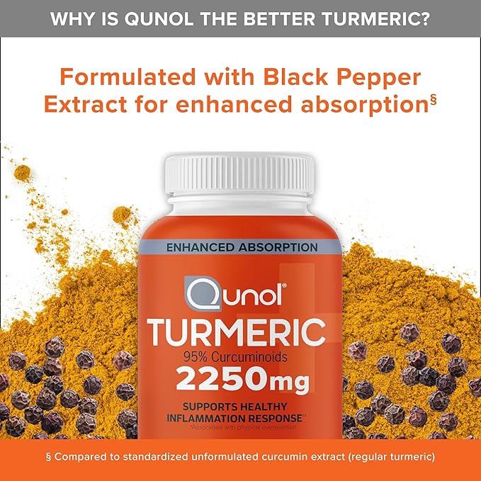 Qunol Turmeric Curcumin 2250mg Black Pepper Extract for Enhanced Absorption Supports Healthy Inflammation Response and Joint Health Dietary Supplement Vegetarian Formula 90 Capsules