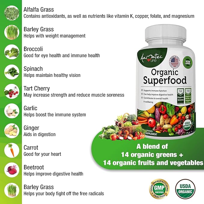 Organic Superfood Greens Fruits and Veggies Complex - Best Dietary Supplement with 14 Greens &amp14 Fruits &amp Vegetables with Alfalfa Rich in Antioxidants Organic Ingredients Non-GMO (180 Count Pa