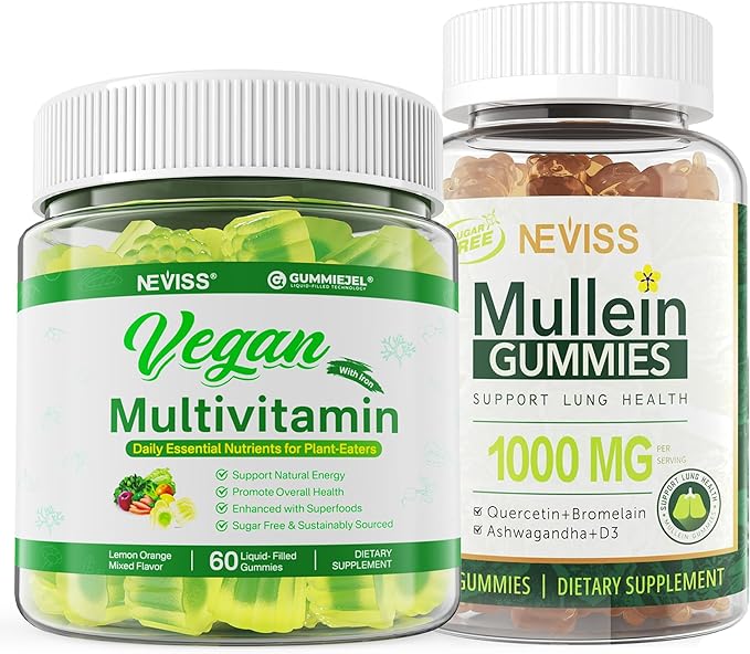 NEVISS Mullein Leaf Extract for Lungs Gummies with Vegan Multivitamin Gummies for Women Men