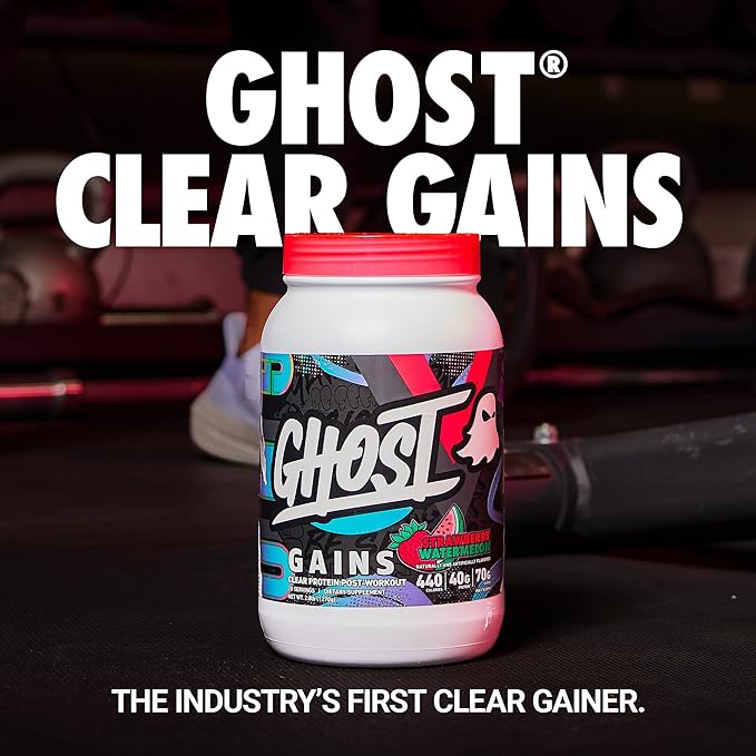 GHOST Clear Gains Mass Gainer Protein Powder - Post-Workout Weight Gainer Mix - 40g of Whey Protein Isolate 440 Calories &amp 70g Vitargo Carbs - Lean Muscle Building &amp Recovery - Strawberry Wat