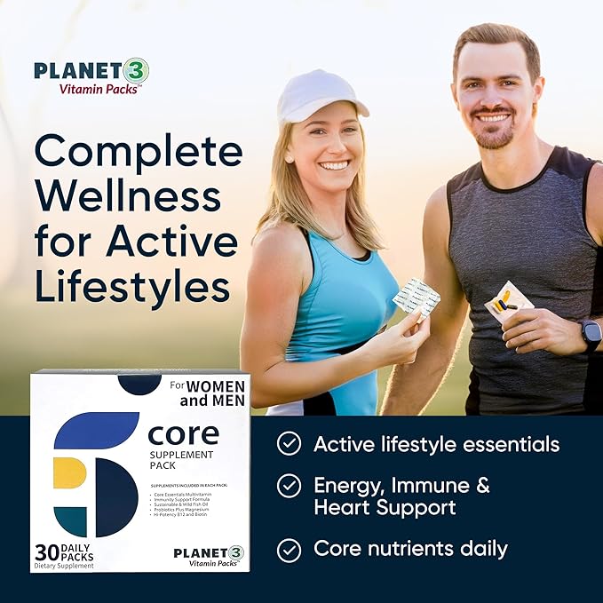 Planet 3 Vitamin Packs Daily Vitamins for Both Men &amp Women Energy Immune &amp Heart Support | Multivitamin Vitamin D Omega 3 Probiotics Biotin B12 &amp More | Core Supplements | 90 Daily