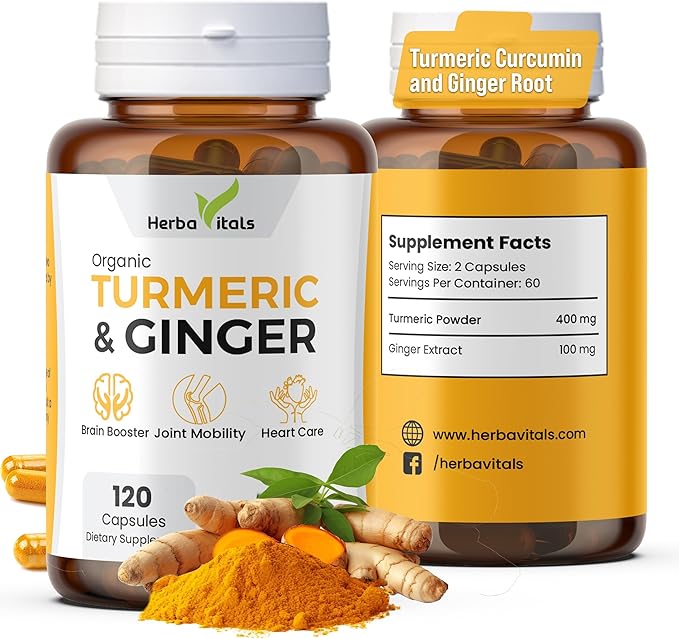 Turmeric and Ginger Capsules| Turmeric Curcumin with Ginger(120 Capsules) 500mg|Best Turmeric with Ginger Supplement|3rd Party Lab Tested