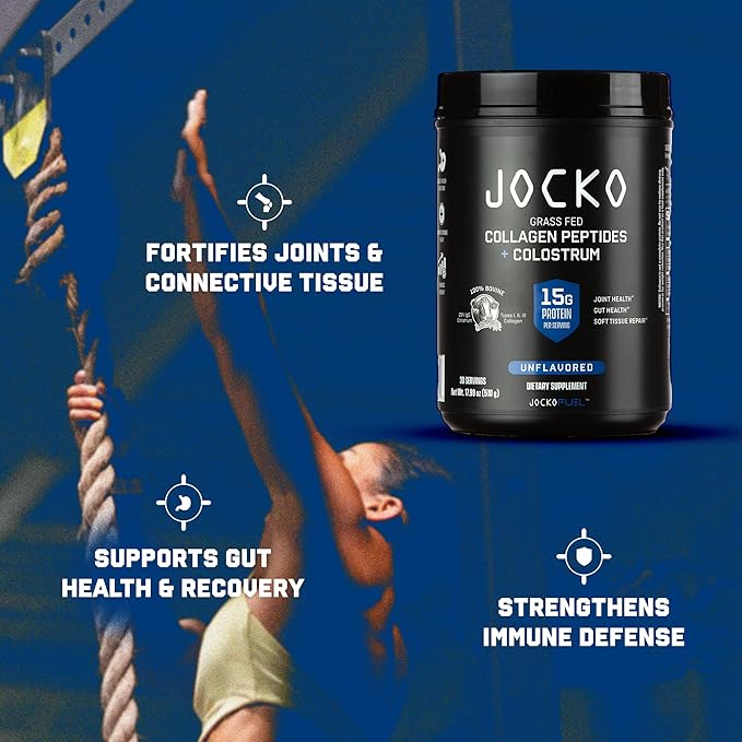 Jocko Fuel Collagen Powder with Colostrum – 15g Hydrolyzed Collagen + 2g First-Milking Colostrum – Dual Action for Gut Health Joint Support and Immune Defense – Recovery Supplement (30 Servings)