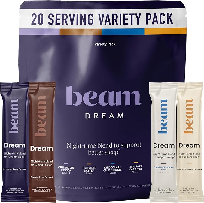 Beam Dream Sleep Powder – Sleep Aid for Adults with Melatonin Magnesium L-Theanine Reishi Mushroom &amp Apigenin Sleep Supplement Sleepy Cocoa Bedtime Drink Mix Variety Pack 20 Servings