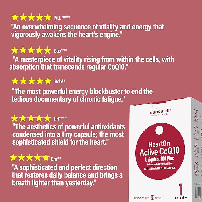 NANOWELL HeartOn Active CoQ10 Kaneka Ubiquinol 100 Plus Heart Health Supplement - 30 Softgels X 1 Box for 1 Month (30 Count)