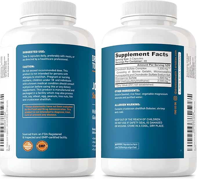 Dr. Tobias Joint Support Supplement with Glucosamine Chondroitin MSM Supports Connective Tissue Function &amp Flexibility Extra Strength Joint Supplements for Men &amp Women 240 Capsules