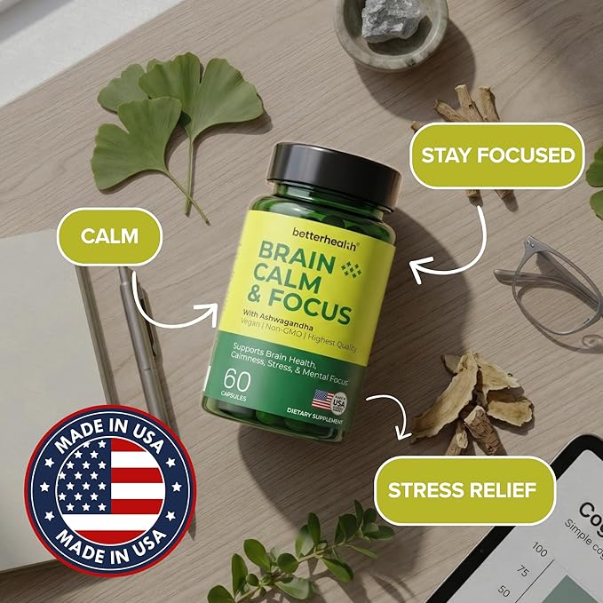 Brain Health Supplement for Memory Focus &amp Calm Cognitive Support with Ashwagandha L-Theanine Alpha GPC Bacopa &amp Ginkgo Daily Brain Support 60 Capsules