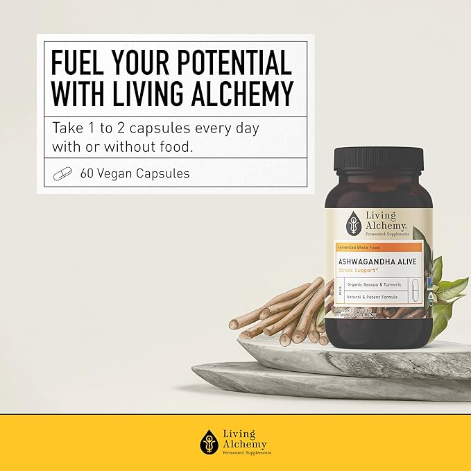 Living Alchemy Ashwagandha Supplement - Fermented Ashwagandha with Bacopa &amp Turmeric Curcumin Supplement - Sleep Quality Cognitive Mood Support Supplement for Men &amp Women - Vegan Non-GMO 6