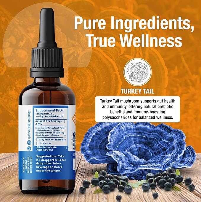 Vesper Turkey Tail Mushroom Liquid Extract - Double Extraction with Wild Huckleberries for Gut Health Immune Boost Prebiotic Benefits USA-Grown for Digestive &amp Immune Wellness – 2oz