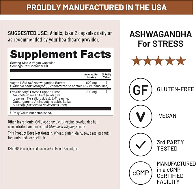 NatureWise Ashwagandha for Stress - With KSM-66 Extract GABA L-Theanine Rhodiola Rosea - Herbal Mood &amp Sleep Support - Vegan Non-GMO Gluten-Free - 60 Capsules[1-Month Supply]