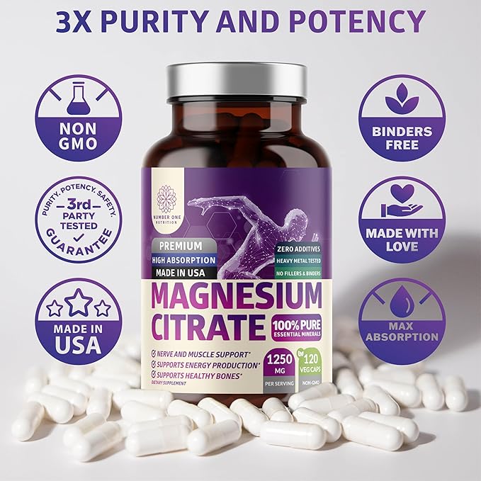 Number One Nutrition N1N Premium Magnesium Citrate [1250mg] and Blood Pressure Support [13 Potent Ingredients with Hawthorn &amp Hibiscus] 2 Pack Bundle
