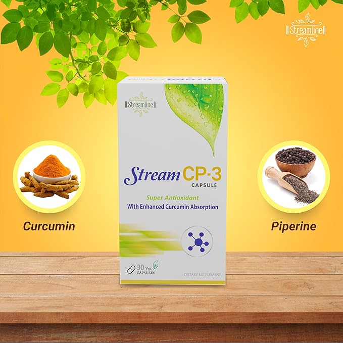 Streamline Stream CP-3 Curcumin Capsules with Piperine | Antioxidant &amp Anti-inflammatory Properties | Ayurvedic Bone &amp Joint Support | Overall Wellness | Curcumin 400Mg | 30 Veg Capsules | Pac