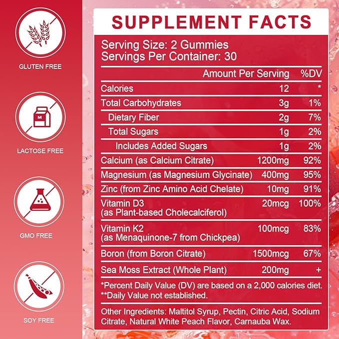 Calcium Citrate 1200mg Gummies with Vitamin D3 K2 - Chewable Calcium Magnesium Zinc d3 Supplement with Sea Moss Extract for Bone Teeth Immune Support for Women &amp Men White Peach Flavor - 60 Gum