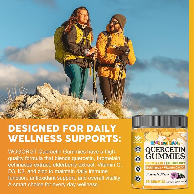 Quercetin Gummies with Bromelain for Adults &amp Kids - Immune &amp Seasonal Wellness Support 800mg Quercetin with Bromelain Zinc Elderberry Vitamin C &amp D3 - Sugar Free Vegan Pineapple Fla