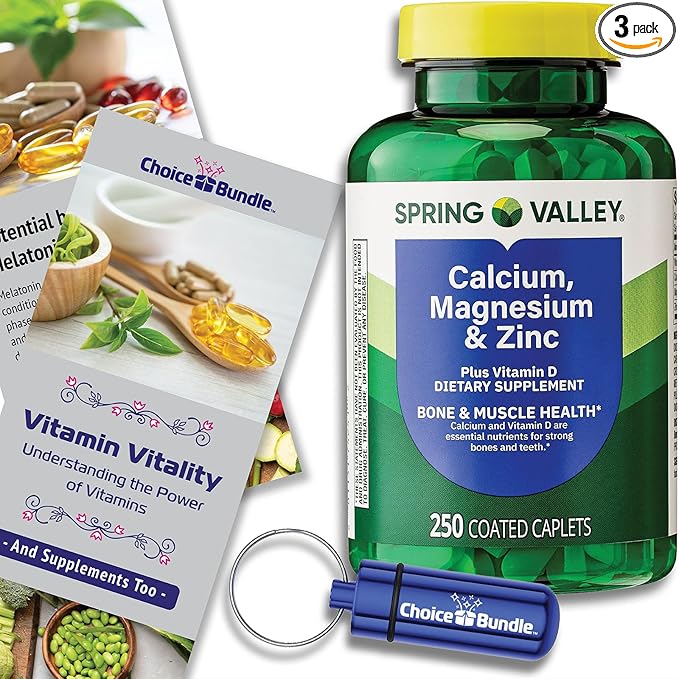 Spring Valley Calcium Magnesium &amp Zinc Plus Vitamin D Coated Caplets 250 Ct 3 pk (750 Total) + Vitamin Vitality &amp Pill Container (5 Items)!