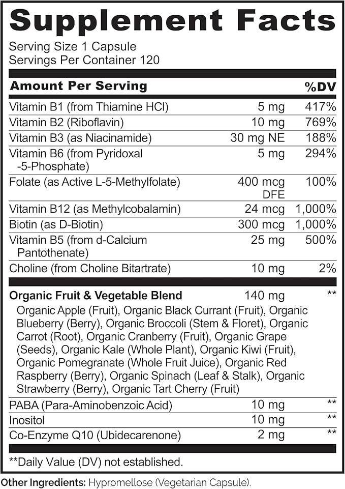 NATURELO Vitamin B Complex120 Capsules Vegan CoQ10 Methyl Folate Biotin Fruit &amp Veg Blend Supports Energy and Healthy Stress Response Super B Complex Vitamins for Women and Men