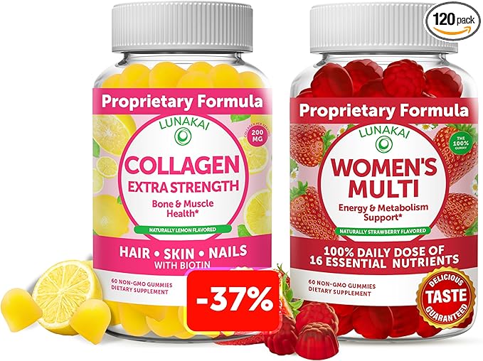 Lunakai Collagen and Women's Multivitamin Gummies Bundle - Non-GMO Anti Aging Supplements with Biotin Zinc Vitamin C and E - 100% Daily Value of 16 Essential Vitamins and Minerals - 30 Days Supply