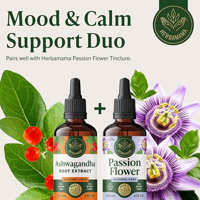 HERBAMAMA Ashwagandha Drops - Vegan Relaxation &amp Mood Support with Ashwagandha Root Extract - Non-GMO Alcohol &amp Sugar-Free Calming Supplements for Adults - 56-Day Supply