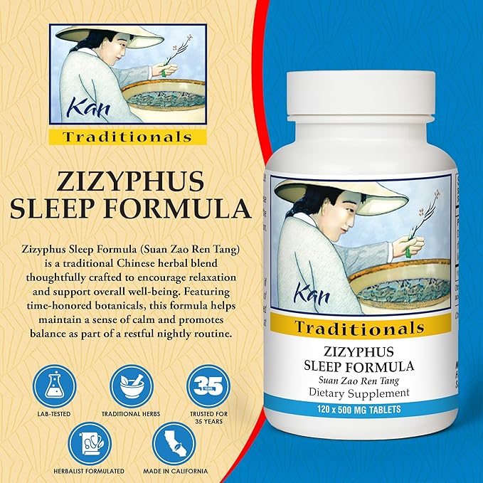 Kan Herbs Company Zizyphus Sleep Formula – Traditional Chinese Herbal Blend for Nighttime Balance and Relaxation Support Promotes Overall Well-Being and Harmony Herbal Supplement 120 Tablets