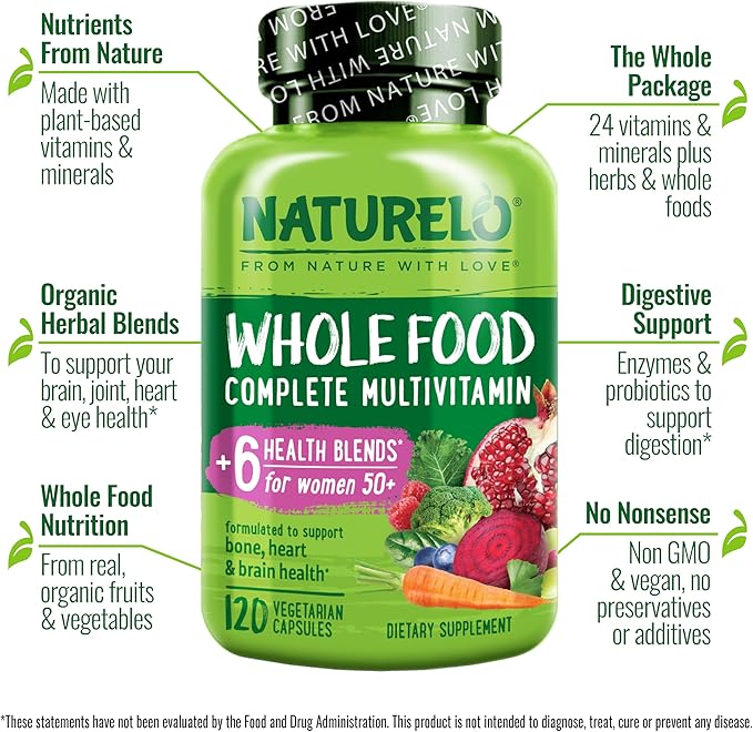 NATURELO Whole Food Multivitamin for Women 50+ (Iron Free) - 120 Vegan Capsules and Whole Food Multivitamin for Men 50+ - 120 Capsules Bundle
